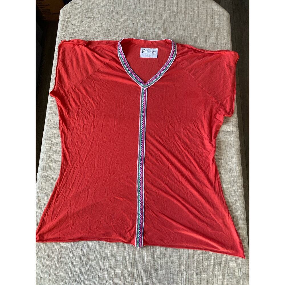 Pitusa Inca Trim Beach Tunic Kaftan Dress Coral Red Oversize Size M